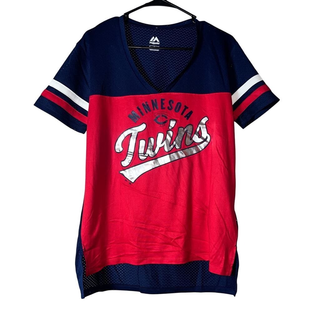 NWT MAJESTIC Minnesota Twins Women Jersey Top M Red Navy MLB Baseball Fan Shirt